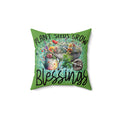Decorative pillow with gardening design and text on a white background
