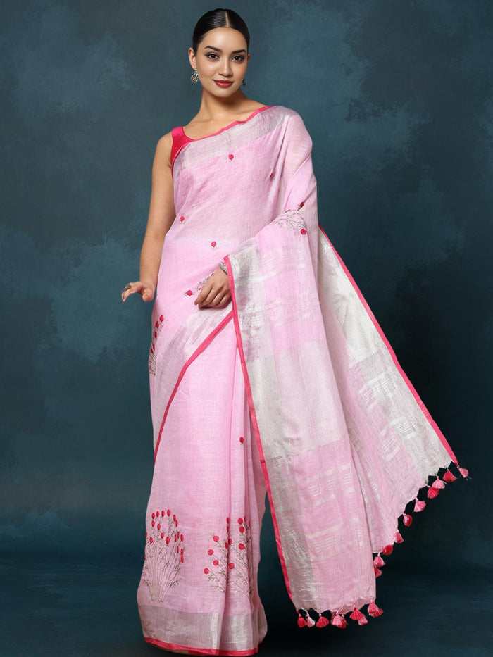 Indiehaat | Pure Linen Embroidered Saree Pink