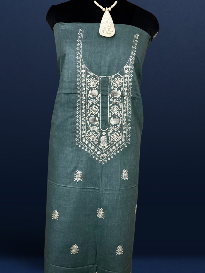 Gulmohar Slub Linen Dark Green Unstitched Suit (T+B+D)