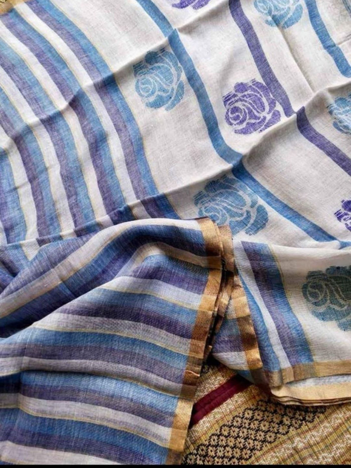 Indiehaat | Pure Linen Handloom Saree White & Blue