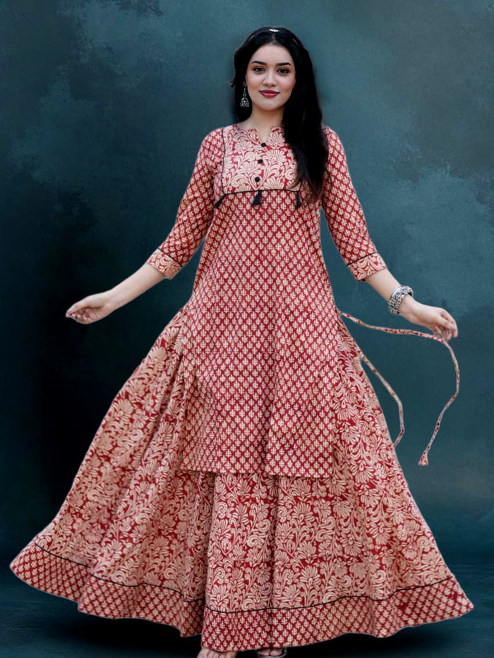 Indiehaat | Blockprint Cotton Long Kurta & Skirt Red