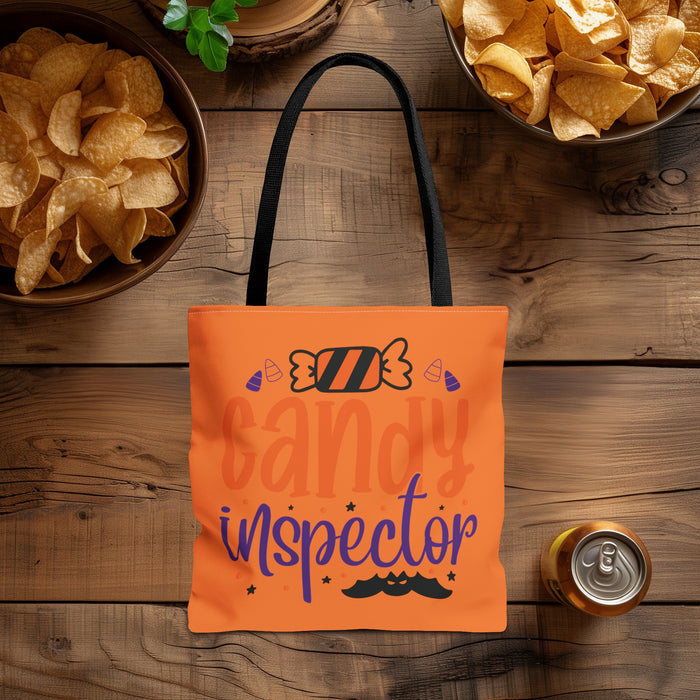 Candy Inspector Halloween Trick or Treat Bag laying on a table with chips and soda