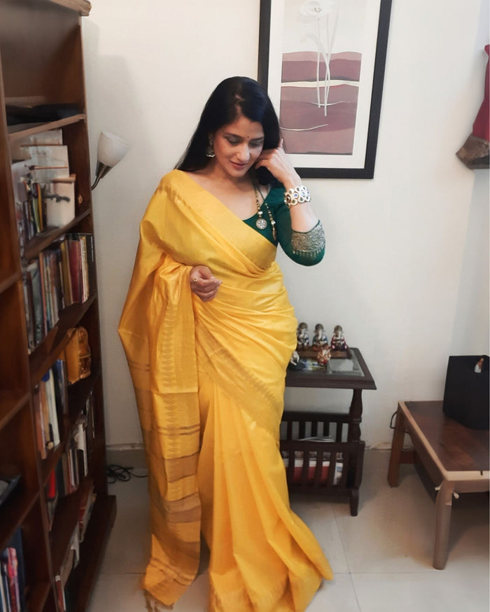Handcrafted Tranquil Kota Silk Yellow Jacquard Saree