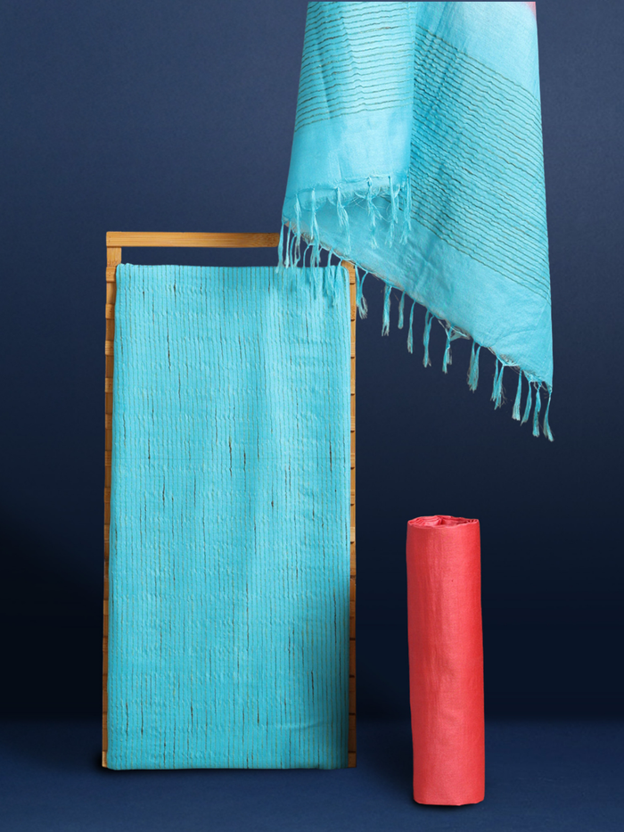 Handdyed Katan Silk Blue & Red Contrast Suit