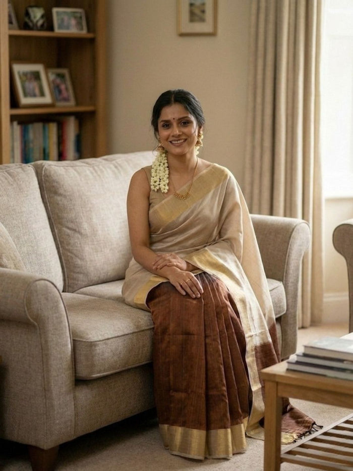 Indiehaat | Kota Silk Hand Dyed Saree Beige & Brown