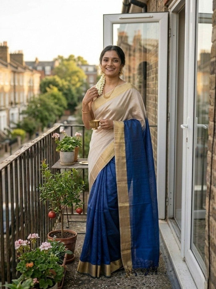 Handloom Kota Silk Beige & Royal Blue Saree