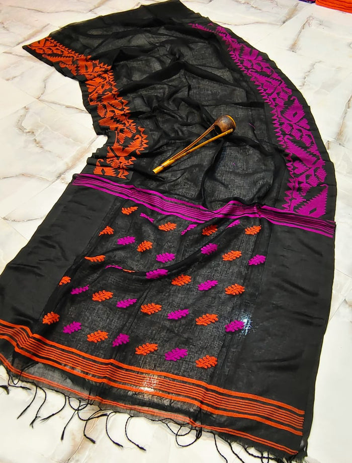 Pure Handloom Black Linen Saree Contrast Border And Pallu-Indiehaat