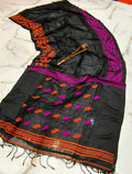 Pure Handloom Black Linen Saree Contrast Border And Pallu-Indiehaat