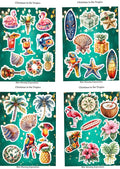 Set of Christmas-themed stickers with tropical elements on a green background.