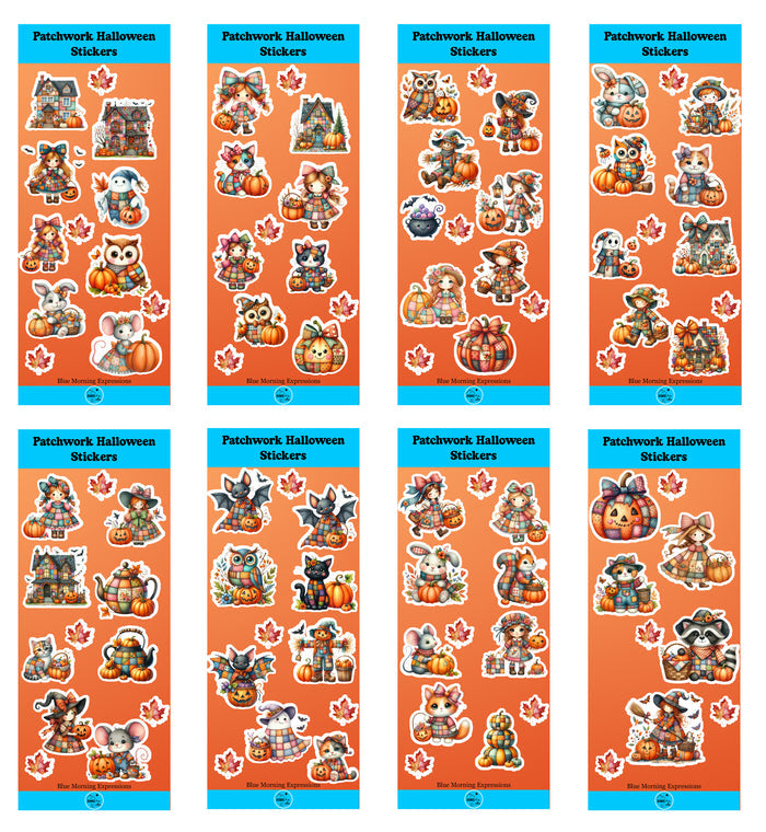 Set of Halloween-themed stickers with various characters on orange and blue backgrounds.