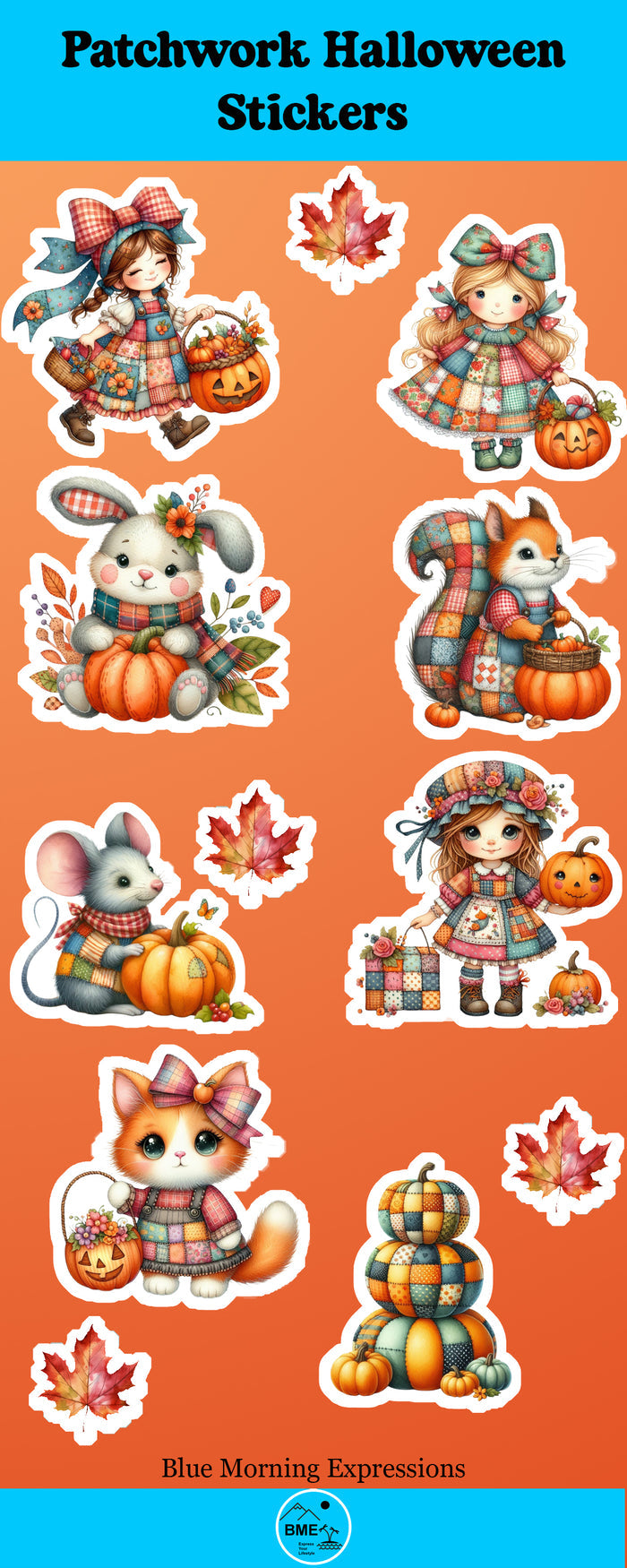 Patchwork Halloween stickers with autumn-themed characters on an orange background