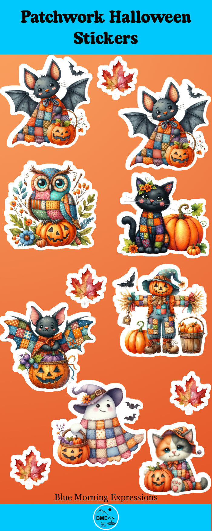 Patchwork Halloween stickers with cats, pumpkins, and leaves on an orange background.