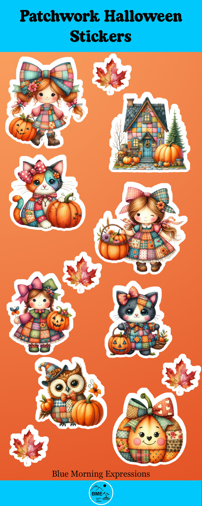 Patchwork Halloween stickers with children, animals, and autumn elements on an orange background.