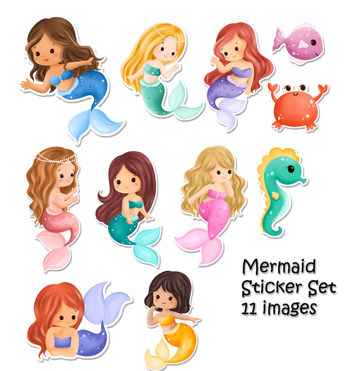 Set of mermaid stickers with various colors and hairstyles on a white background.