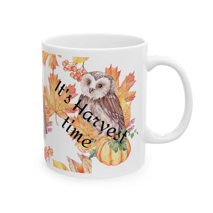 Harvest Time Owl Coffee Mug – Autumn Fall Leaves Ceramic Cup, Dishwasher Safe