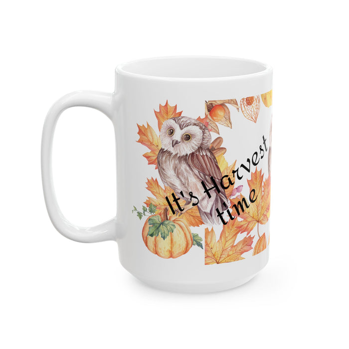 Harvest Time Owl Coffee Mug – Autumn Fall Leaves Ceramic Cup, Dishwasher Safe