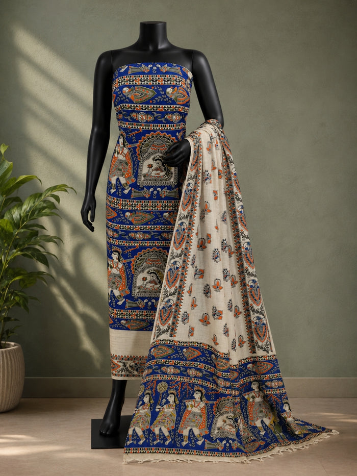 Hastakala Khadi Cotton Madhubani Suit Set (T+B+D) Cobalt Blue