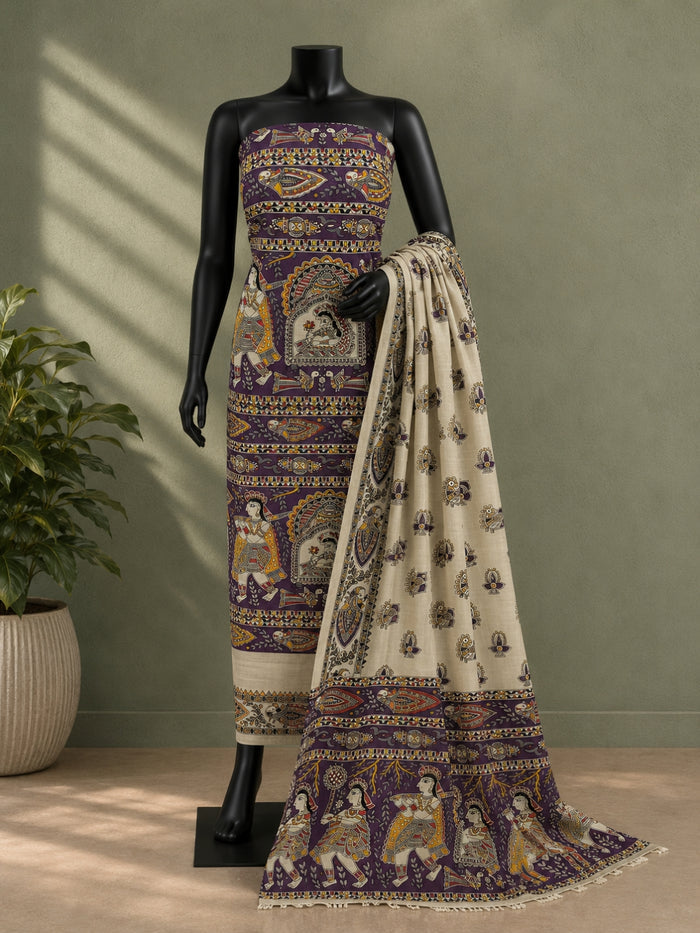 Hastakala Khadi Cotton Madhubani Suit Set (T+B+D) Deep Plum