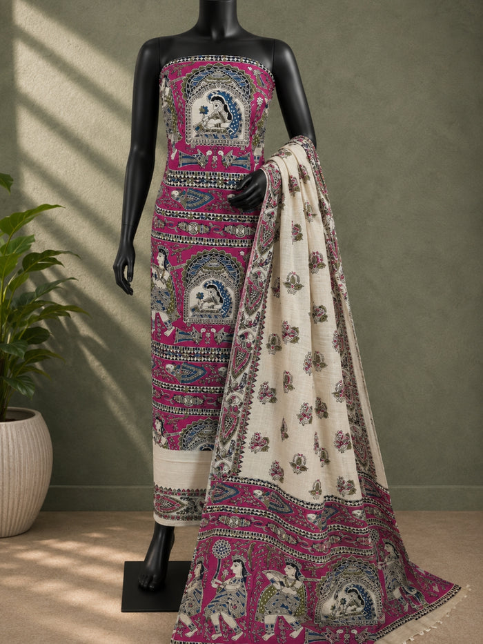 Hastakala Khadi Cotton Madhubani Suit Set (T+B+D) Magenta