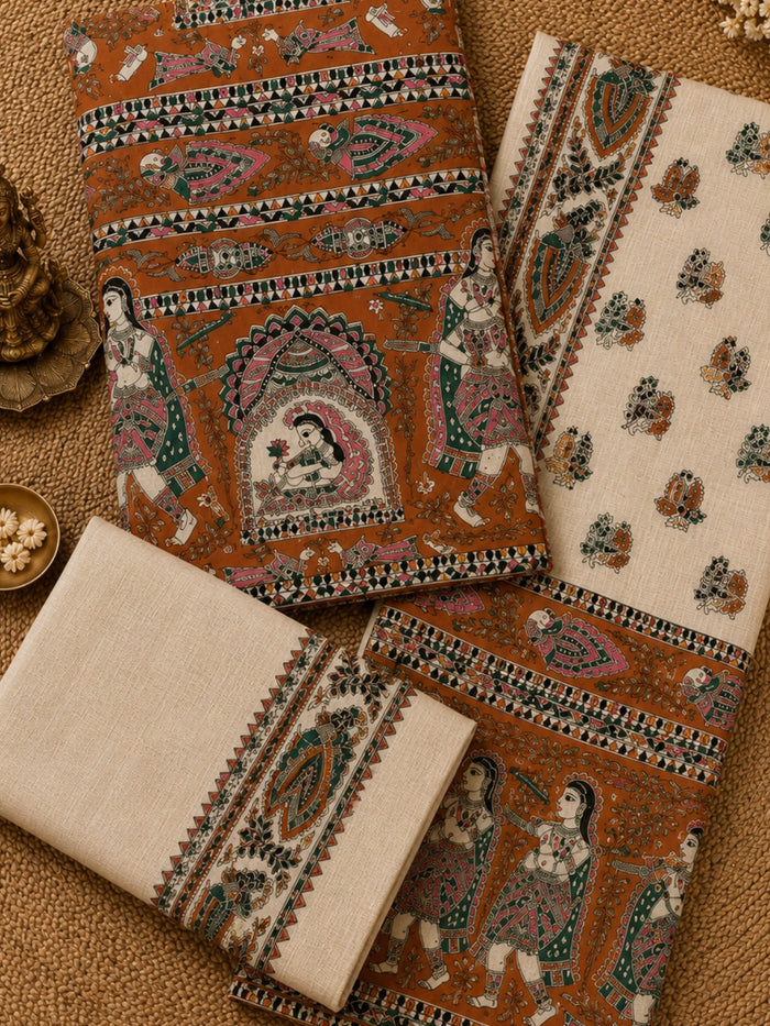 Hastakala Khadi Cotton Madhubani Suit Set (T+B+D) Rust