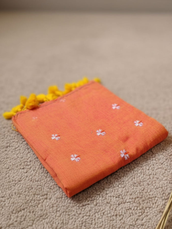 Indiehaat | Pure Mul Cotton Half Embroidery Saree Orange