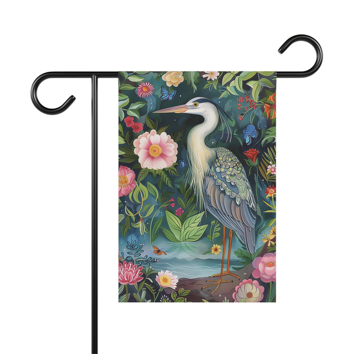 Decorative garden flag with a heron and floral design on a white background