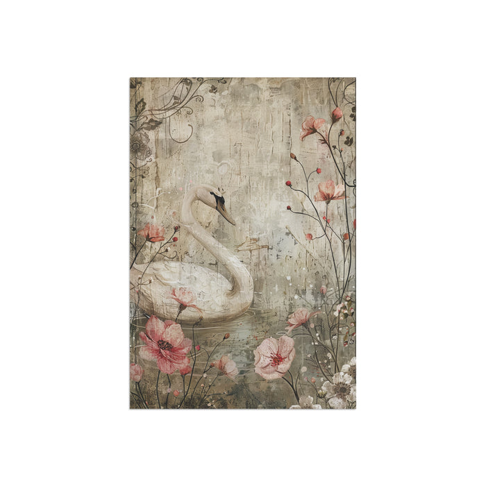 Decorative mat with a swan and floral design on a textured background