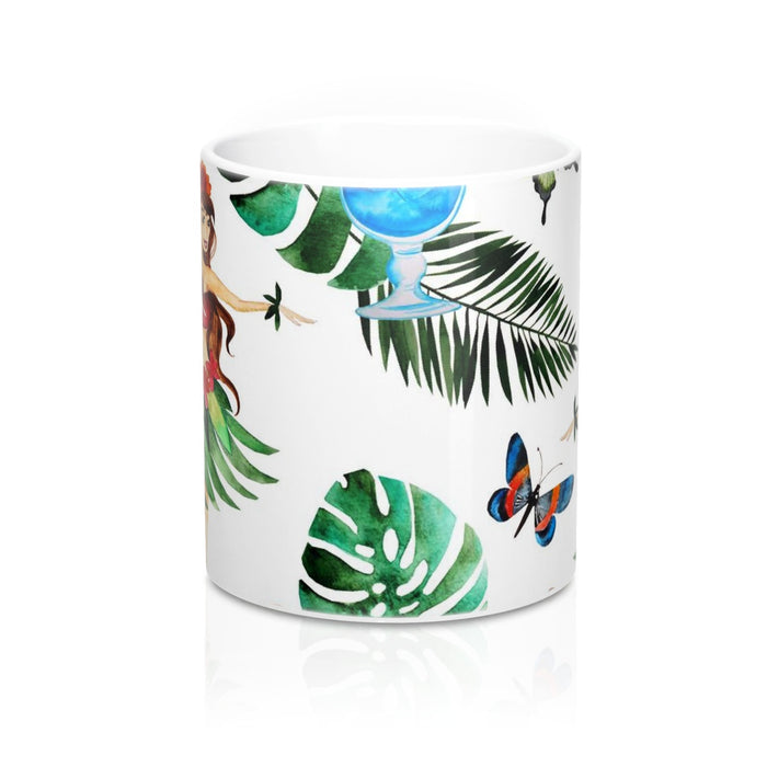 Hula Dancer and Tropical Flower Coffee Mugs, Hawaiian Home Decor 11oz