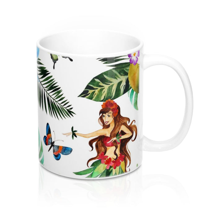 Hula Dancer and Tropical Flower Coffee Mugs, Hawaiian Home Decor 11oz
