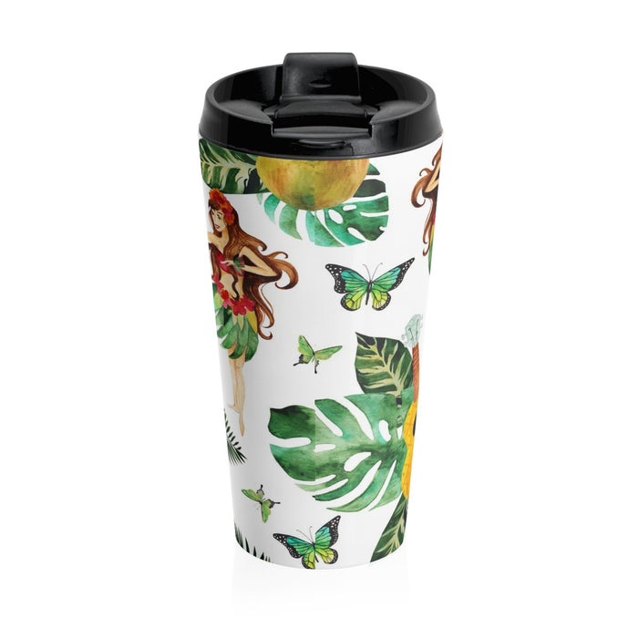 Hula Dancer and Tropical Flower Stainless Steel Travel Mug,  15oz