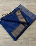 Indigo blue handloom Maheshwari silk saree with fine allover checks and a bronze zari border