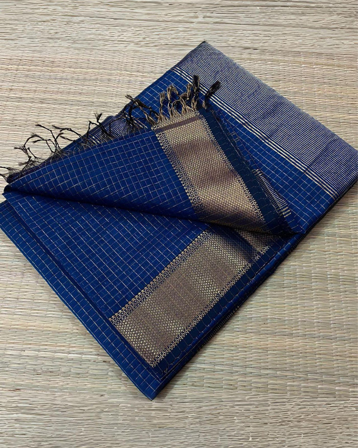 Indigo blue handloom Maheshwari silk saree with fine allover checks and a bronze zari border