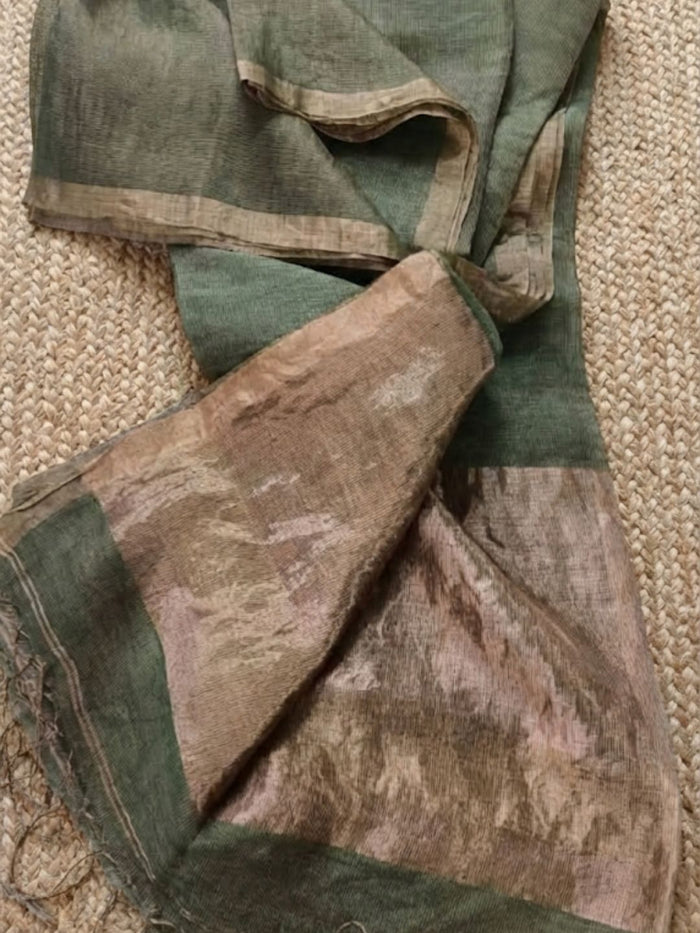 Indiehaat | Pure Handloom Silk Linen Saree Green