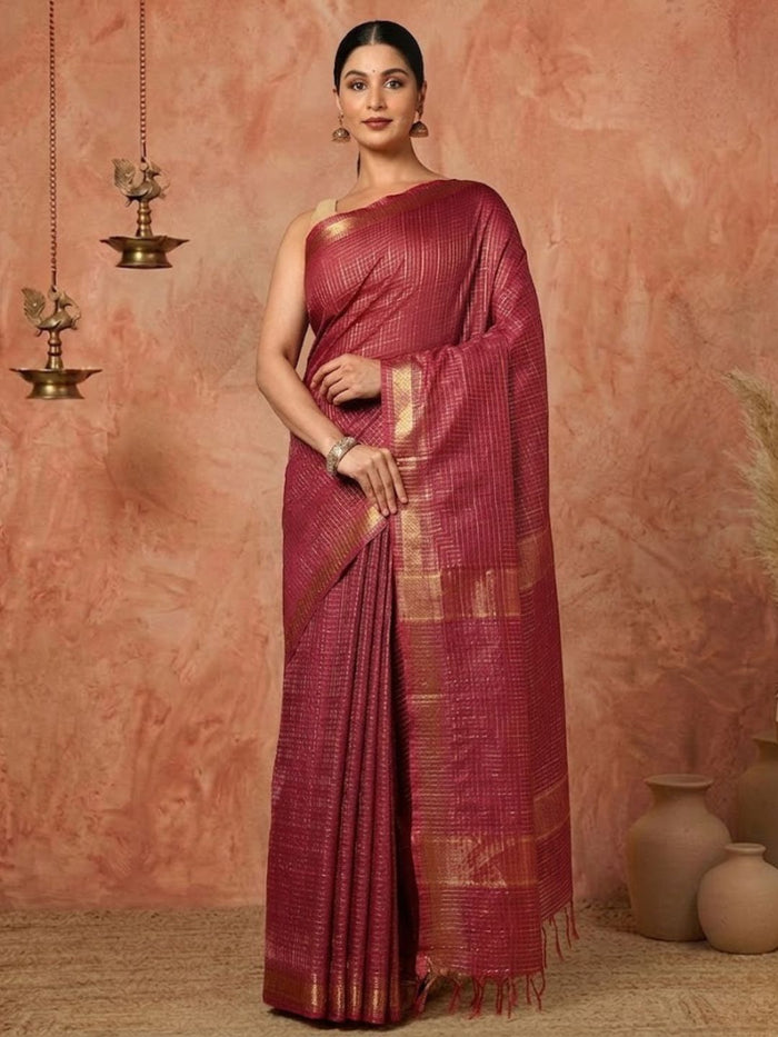 Indiehaat | Hand Dyed Kota Silk Check Saree Red