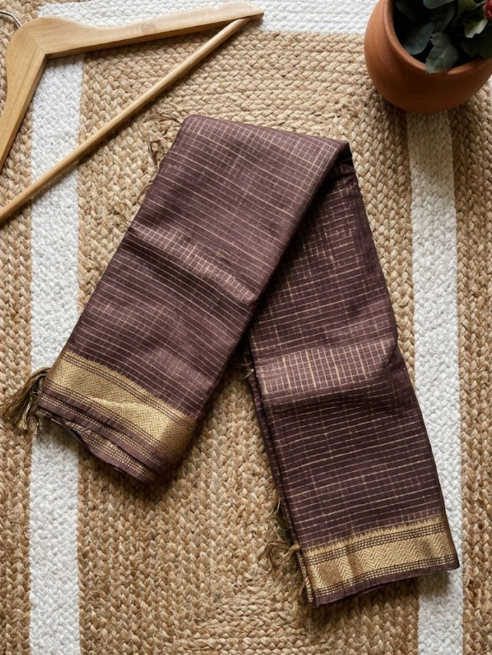Indiehaat | Hand Dyed Kota Silk Check Saree Brown