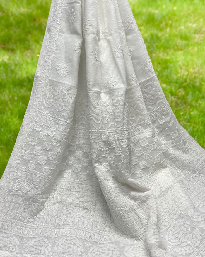 Kota Doria Saree White Color Chikankari work without blouse - IndieHaat