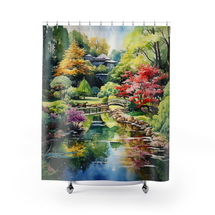 Japanese Garden Shower Curtain | Zen Spa Bathroom Decor Watercolor Landscape