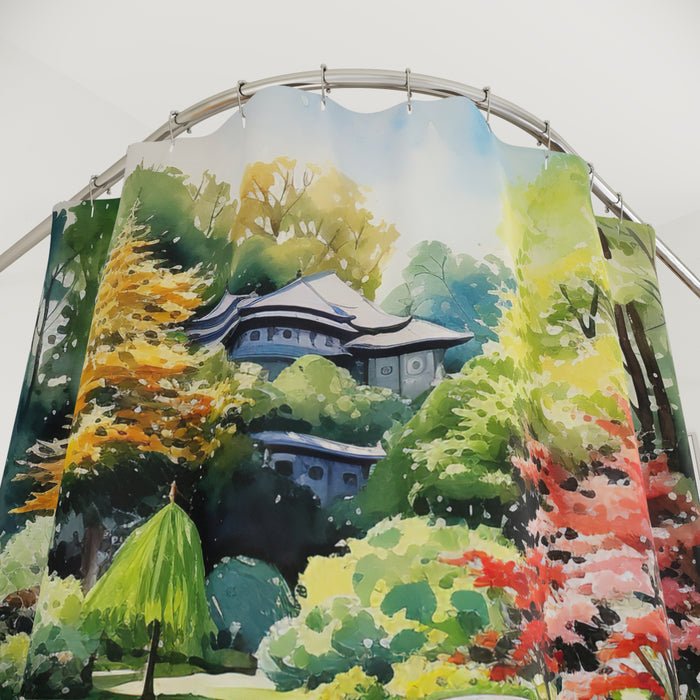 Japanese Garden Shower Curtain | Zen Spa Bathroom Decor Watercolor Landscape