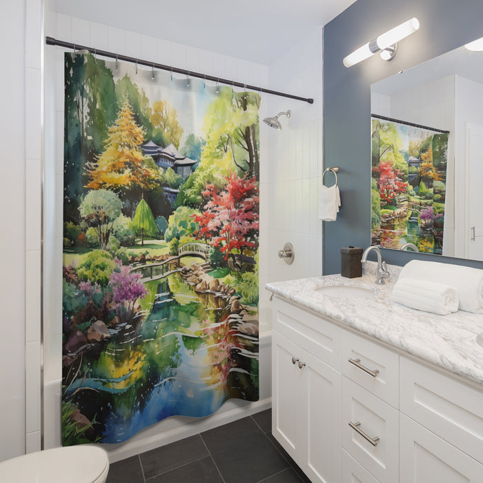 Japanese Garden Shower Curtain | Zen Spa Bathroom Decor Watercolor Landscape