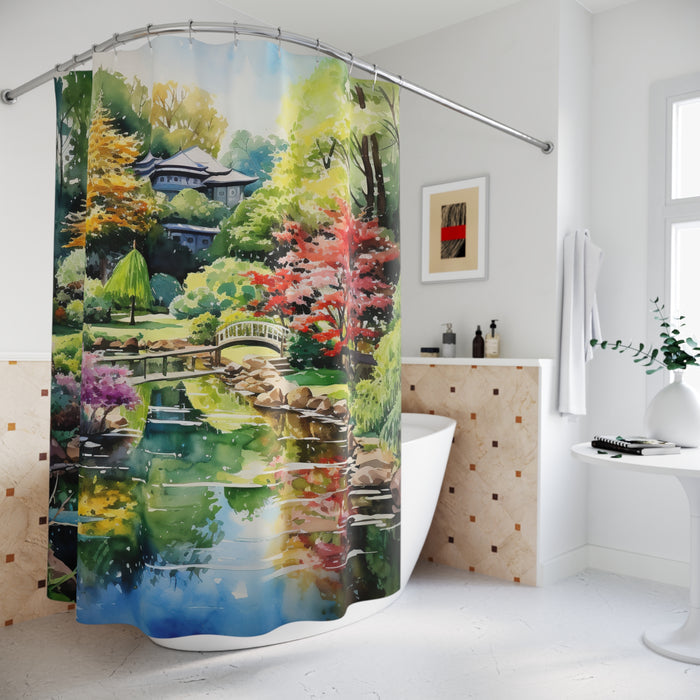 Japanese Garden Shower Curtain | Zen Spa Bathroom Decor Watercolor Landscape