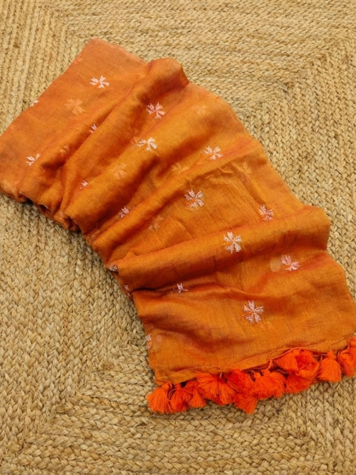 Indiehaat | Pure Mul Cotton Digital Embroidery Saree Orange