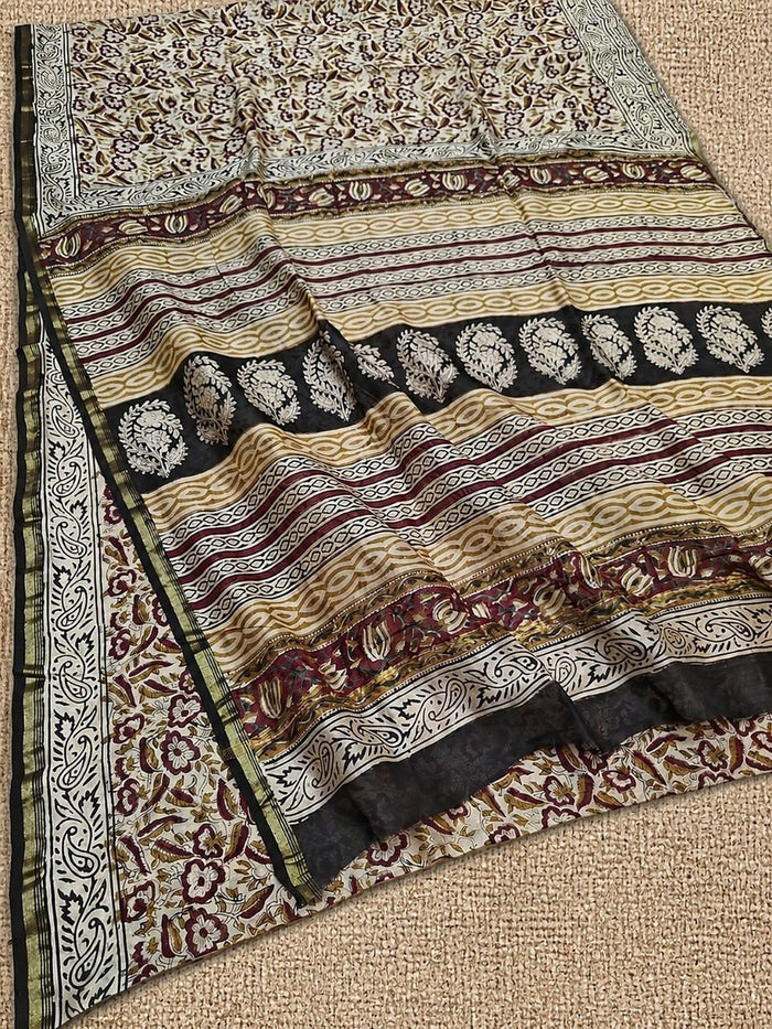 Indiehaat | Beige Chanderi Silk Kalamkari Saree