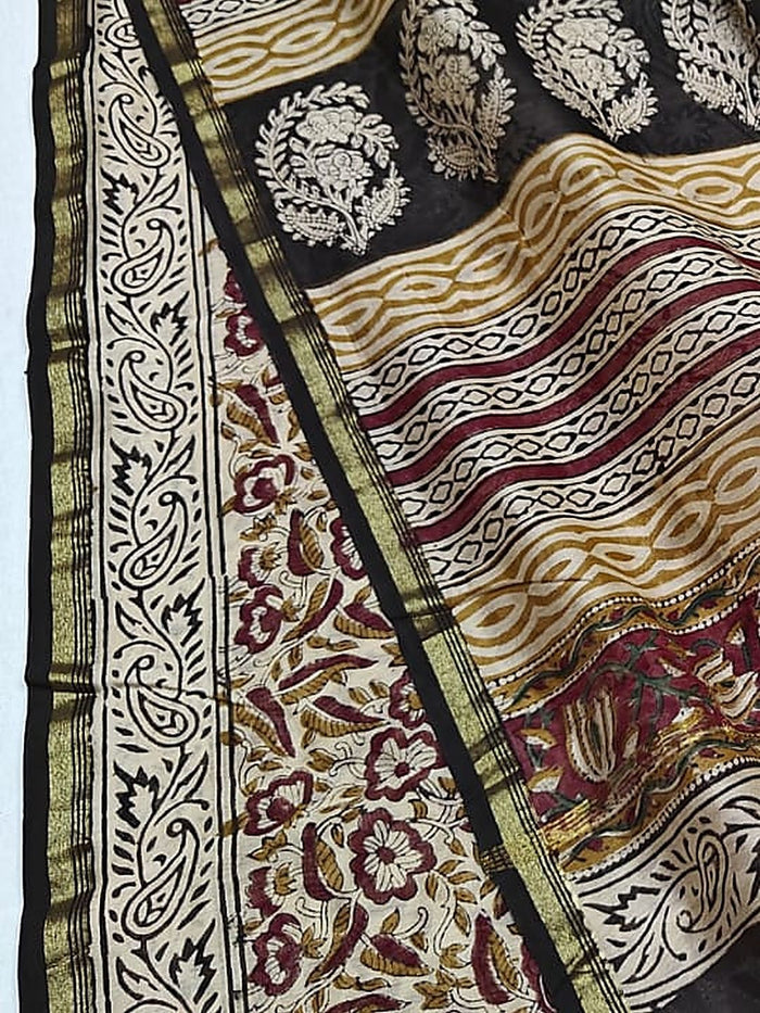 Indiehaat | Beige Chanderi Silk Kalamkari Saree