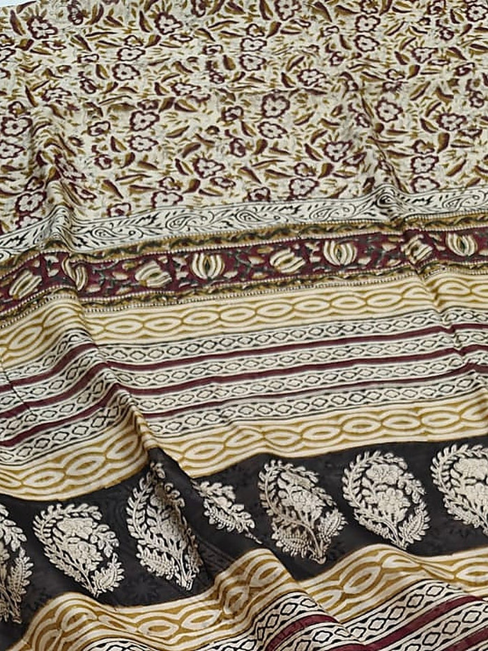 Indiehaat | Beige Chanderi Silk Kalamkari Saree