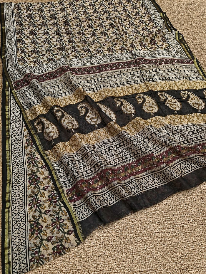 Indiehaat | Beige Chanderi Silk Kalamkari Saree