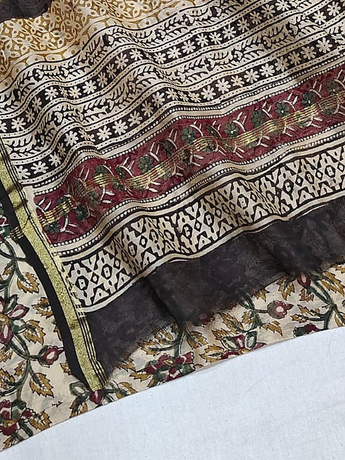 Indiehaat | Beige Chanderi Silk Kalamkari Saree