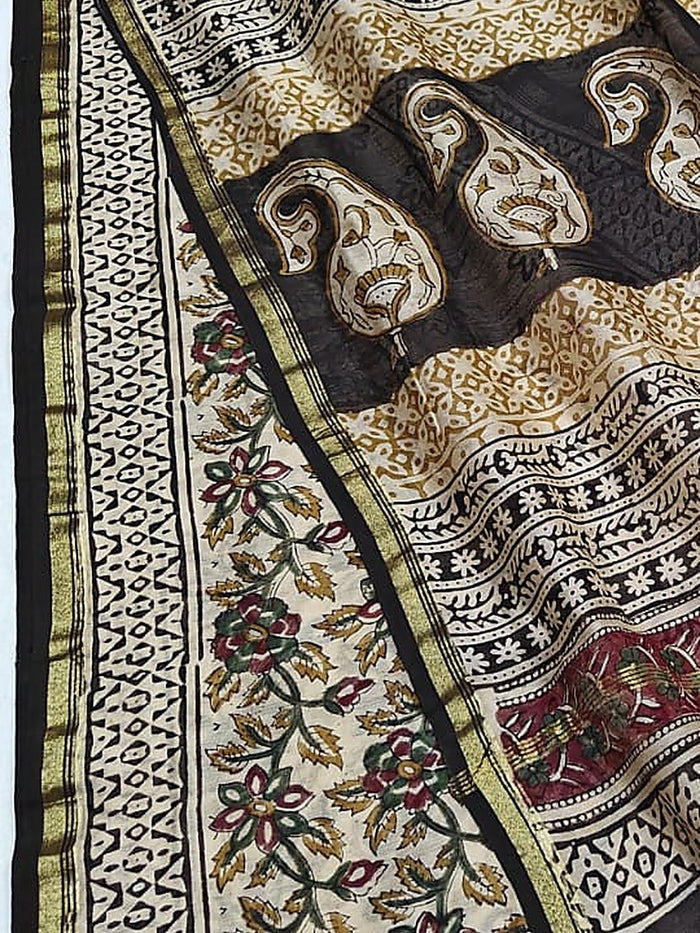 Indiehaat | Beige Chanderi Silk Kalamkari Saree