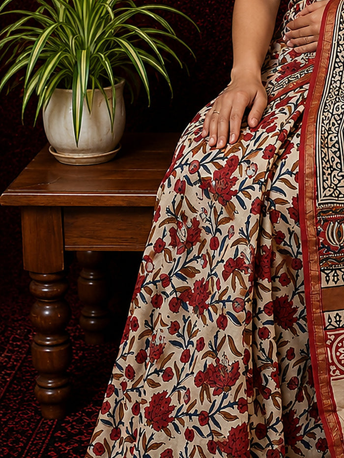 Indiehaat | Beige Chanderi Silk Kalamkari Saree
