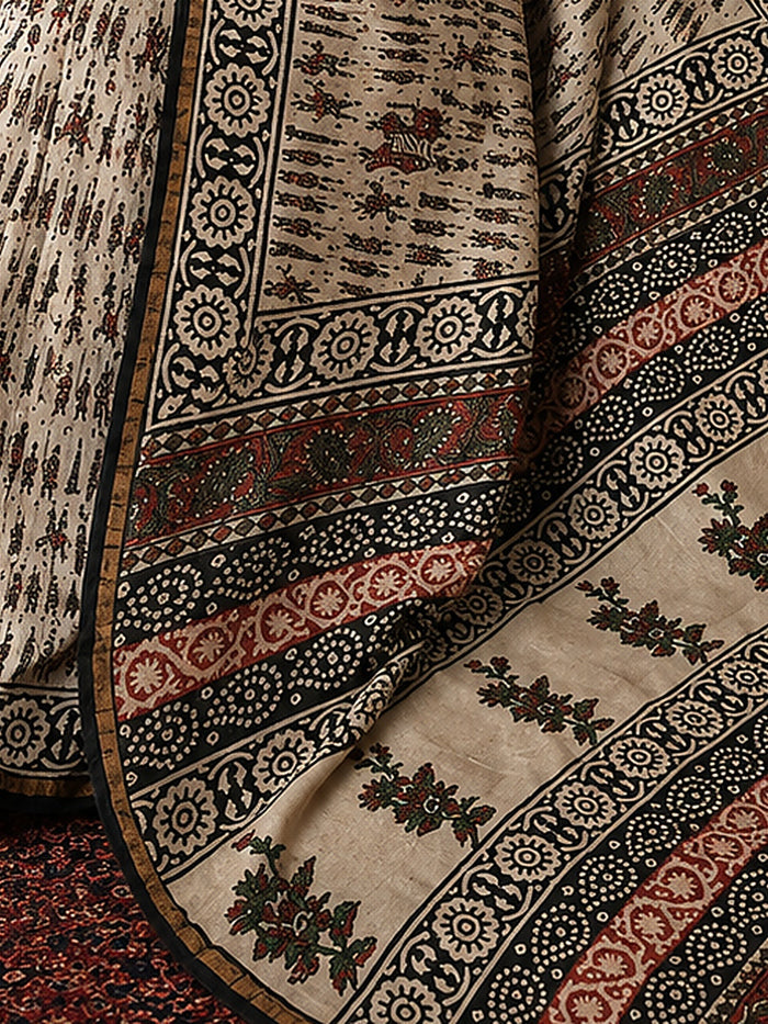 Indiehaat | Beige Chanderi Silk Kalamkari Saree