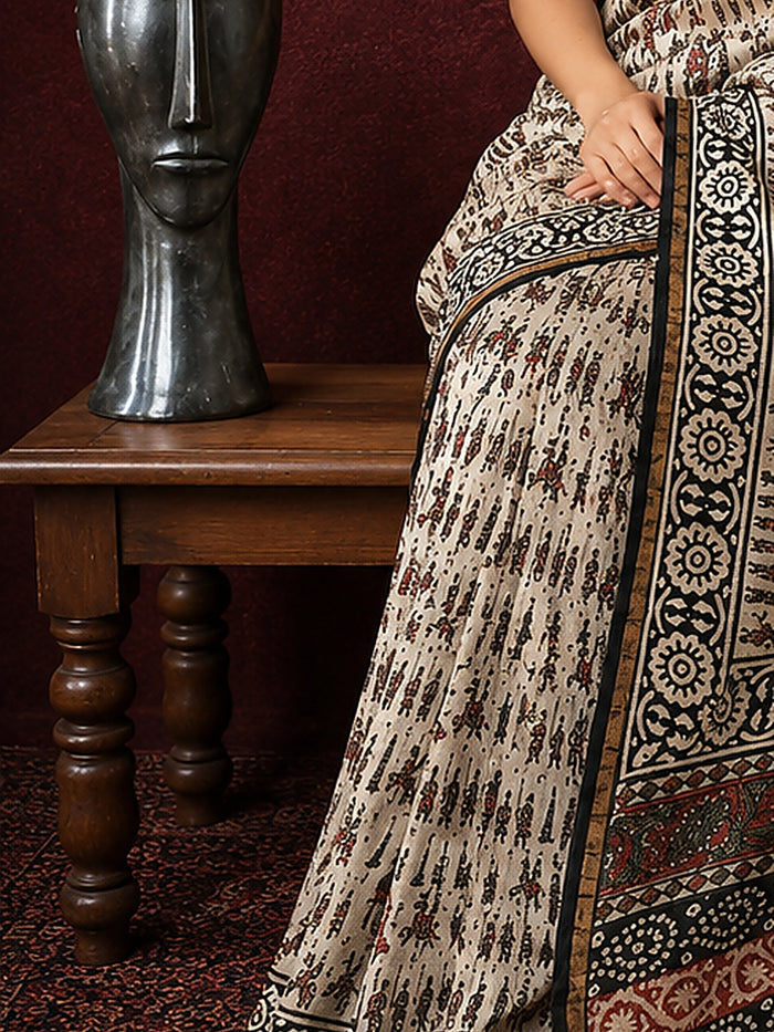 Indiehaat | Beige Chanderi Silk Kalamkari Saree